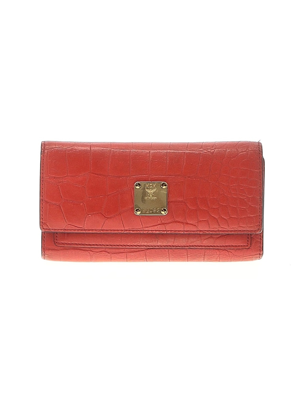 MCM Coral Croc-Embossed Leather Flap Wallet with Gold Plaque